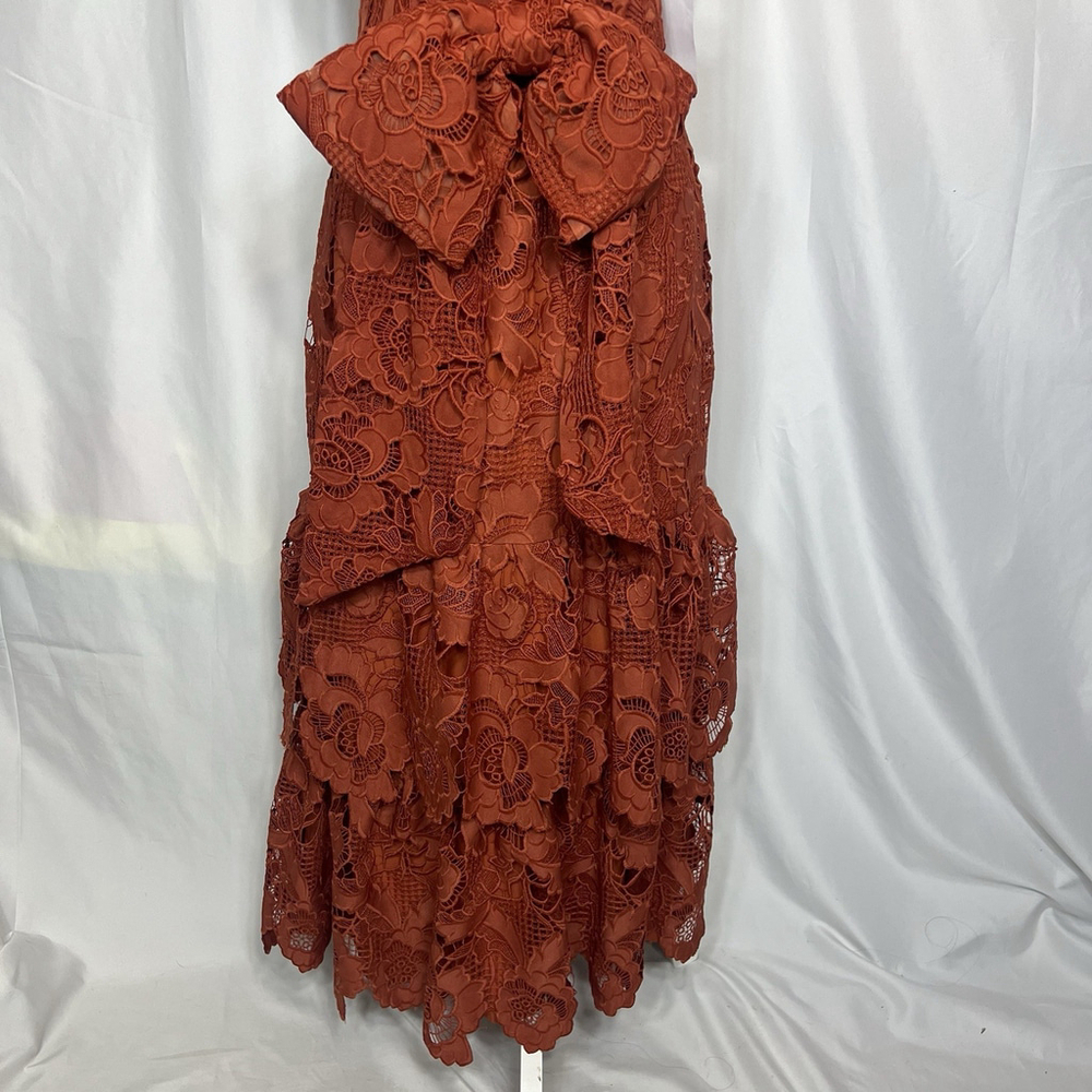 Mestiza New York Vanessa Belted Tiered Guipure Lace Midi Dress Red/Rust 8 Classy - Picture 4 of 16
